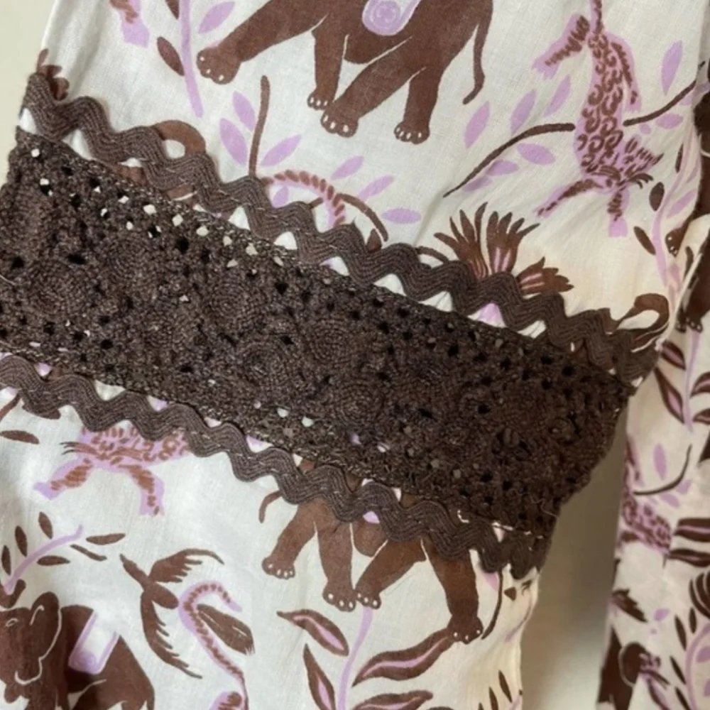 Tory Burch Bailey Crochet Tunic Blouse Elephant Leopard Jungle Lavender Lilac